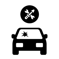 Hier sieht man zwei Icons. Ein Auto in der Frontansicht mit einem Loch in der Frontscheibe sowie einem Reparaturzeichen darüber. 