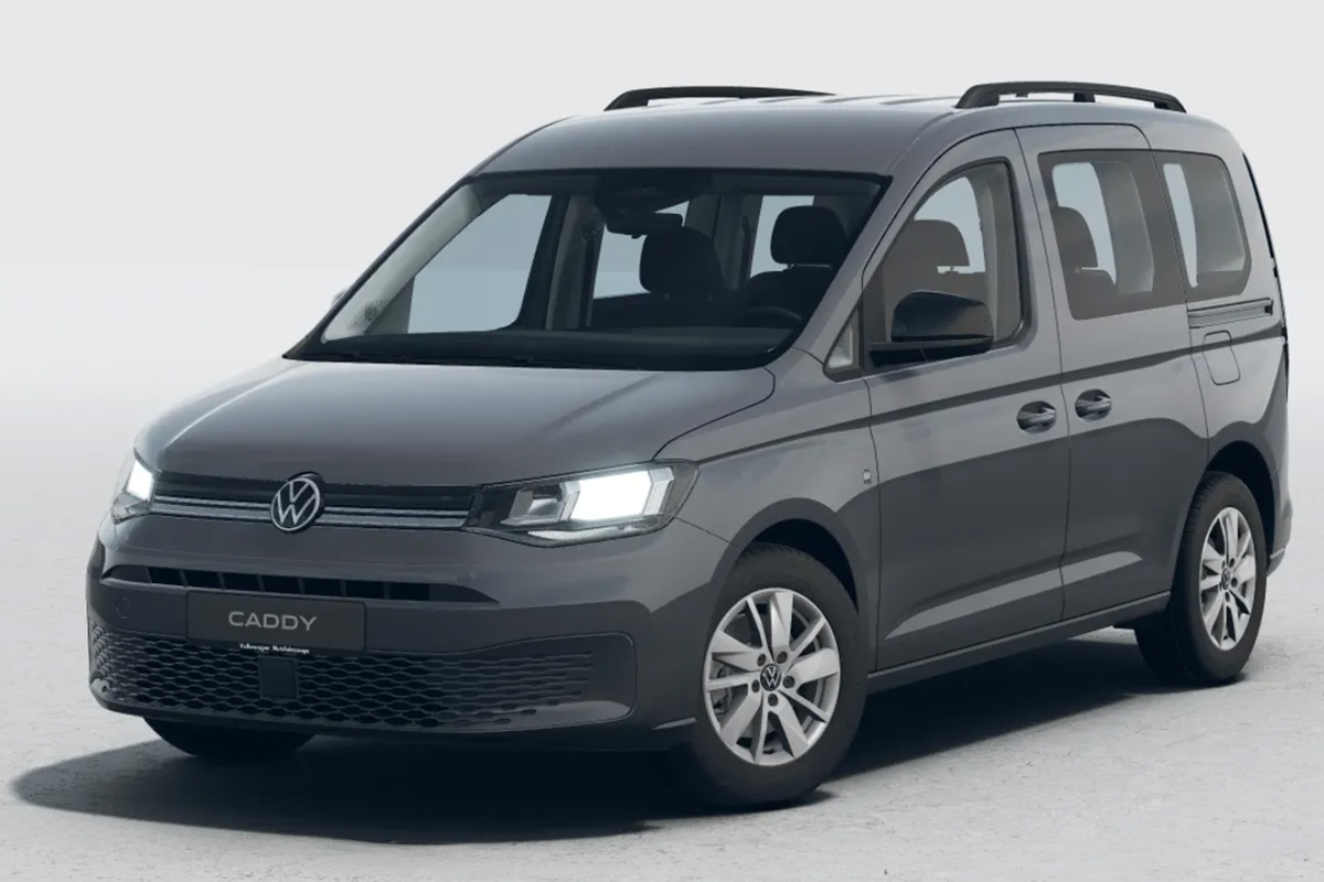 Bild zeigt den im linken Teil beworbenen Volkswagen Caddy im Leasingangebot für Privatkunden