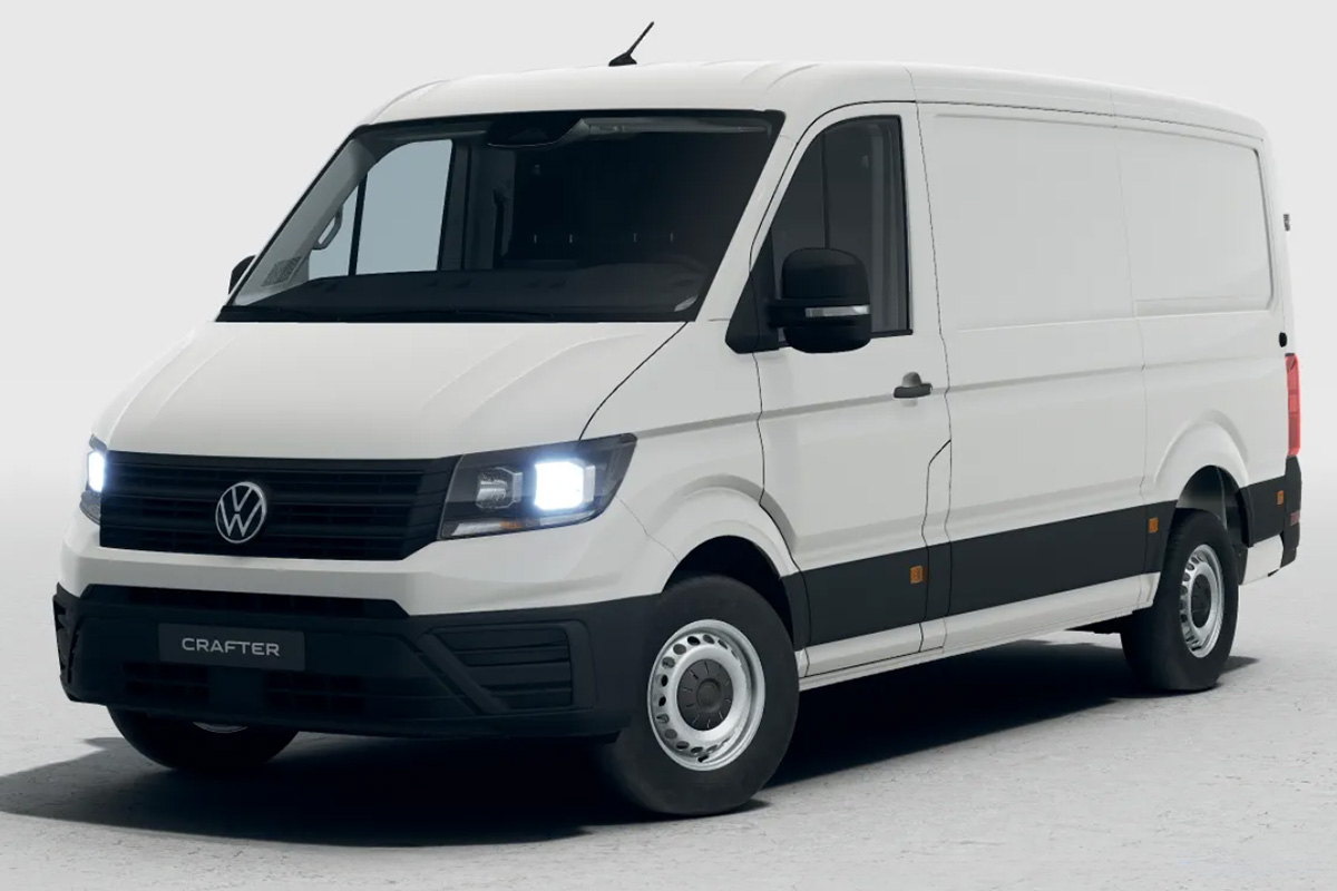 Bild zeigt den im linken Teil beworbenen Volkswagen Crafter im Leasingangebot für Firmenkunden