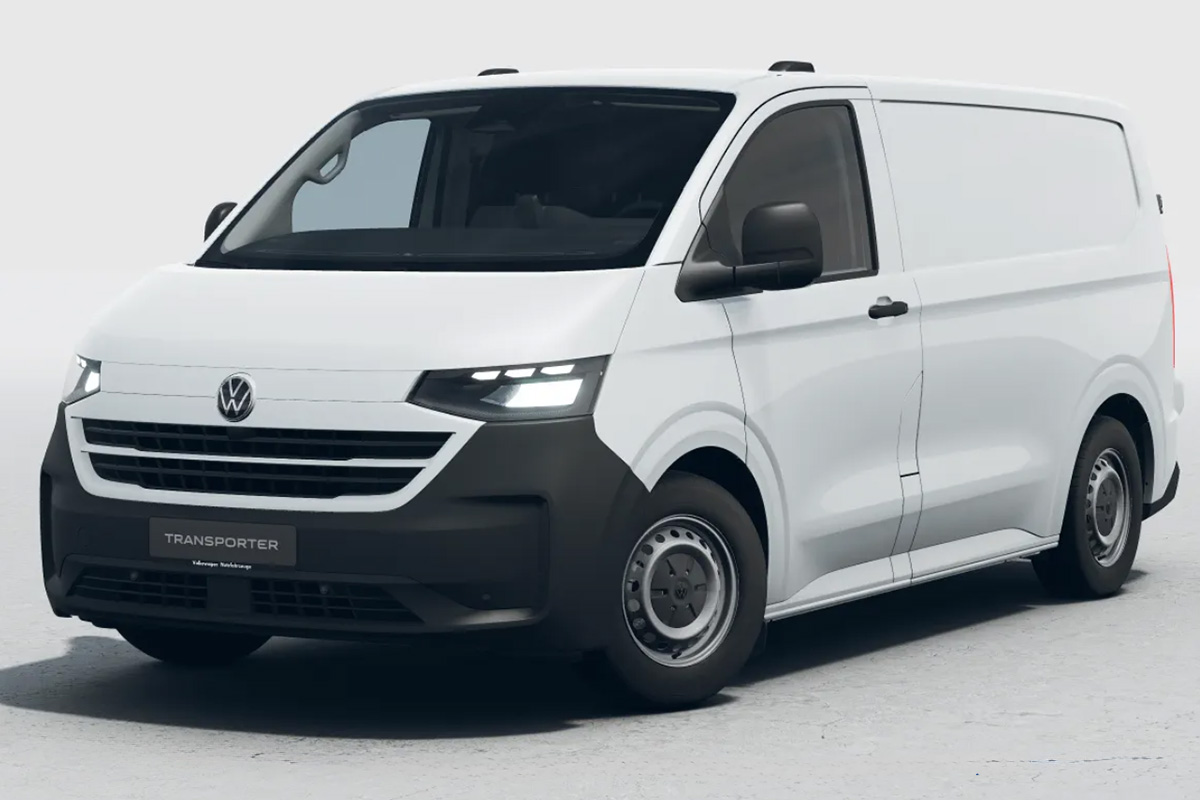 Bild zeigt den im linken Teil beworbenen Volkswagen Transporter im Leasingangebot für Firmenkunden