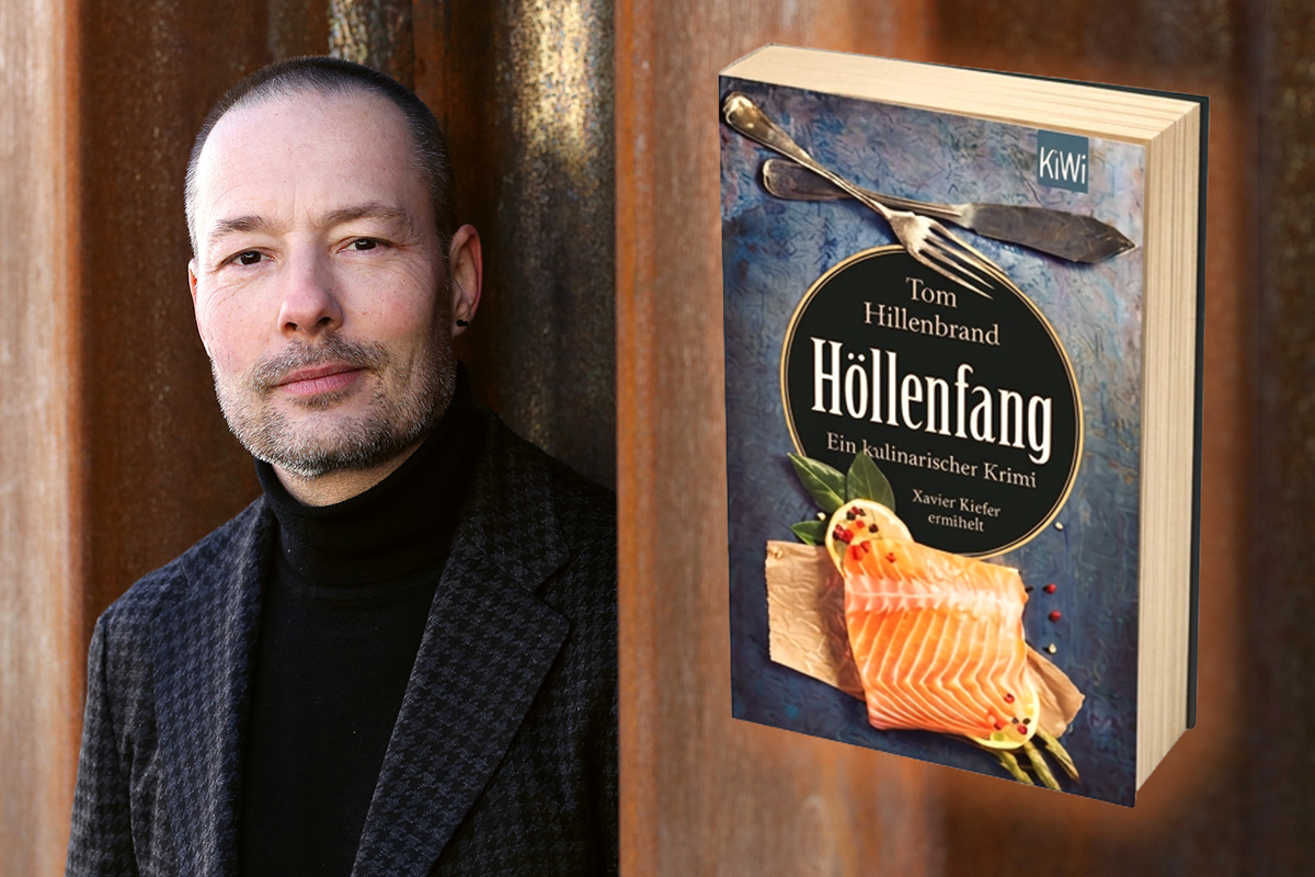 Tom Hillenbrand schaut in die Kamera, daneben das Buchcover des Thrillers Höllenfang