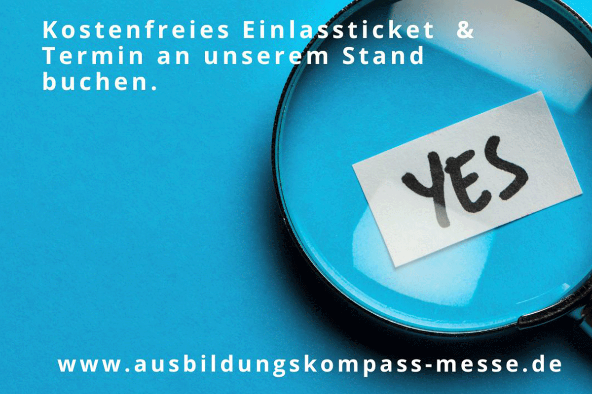 Hinweis auf Tickets und Terminbuchung am Stand mit Lupe und der Homepageadresse www.ausbildungskompass-messe.de