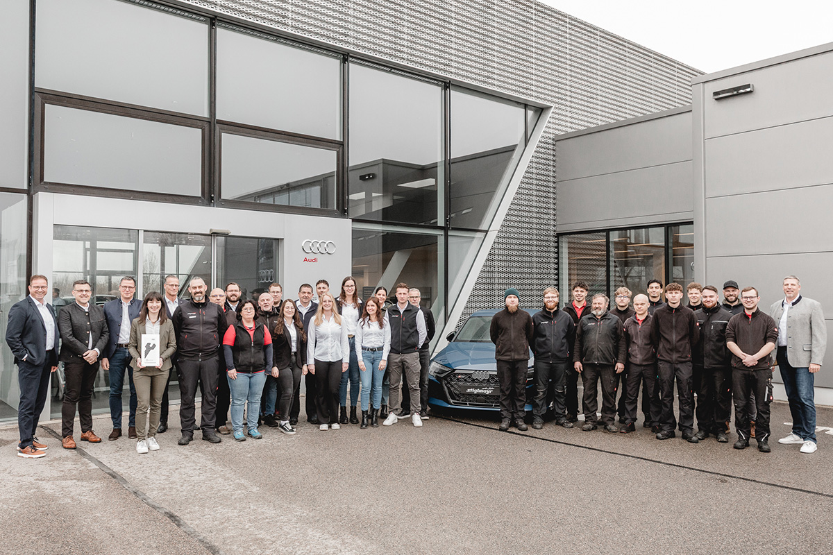 Gruppenbild mit Urkunde zur Auszeichnung Audi Top Service Partner des Teams 