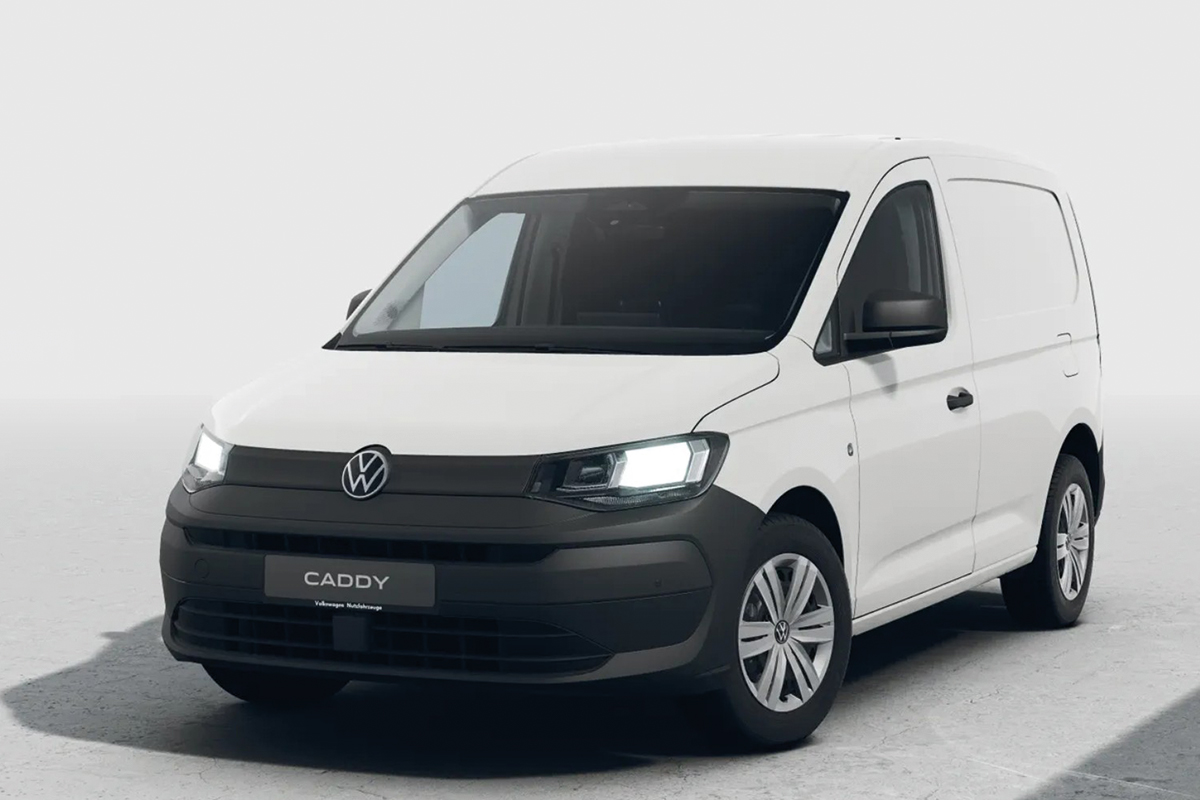 Bild zeigt den im linken Teil beworbenen Volkswagen Caddy im Leasingangebot für Firmenkunden