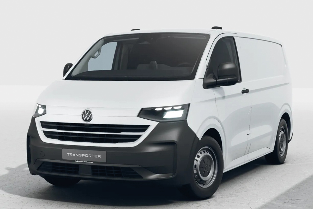 Bild zeigt den im linken Teil beworbenen Volkswagen Transporter im Leasingangebot für Firmenkunden