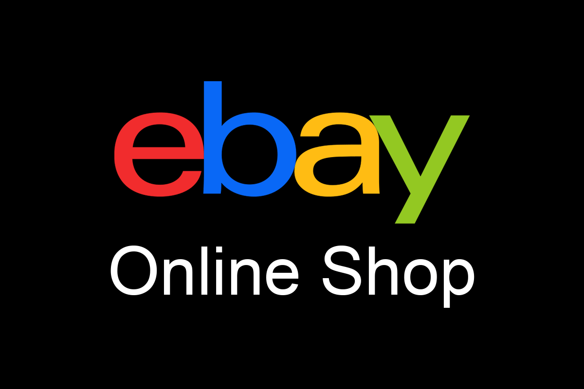 eBay Logo sowie der Schriftzug Online Shop auf schwarzem Hintergrund