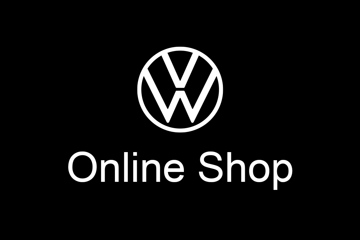 Logo des Volkswagen Konzern sowie der Schriftzug Online Shop auf schwarzem Hintergrund